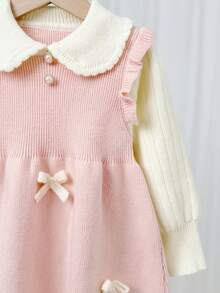 SHEIN Young Girl Oversized Casual & Comfortable Contrast Color Ruffle Collar Bow Decor Knitted Sweater Dress,In Fall/Winter - Pink - View 5