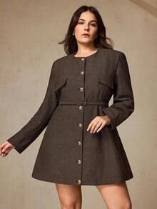 Aveloria Rosie 时尚复古简约通勤优雅女士设计百搭人字纹收腰带金属纽扣长袖迷你连衣裙 - 彩色 - 查看 1