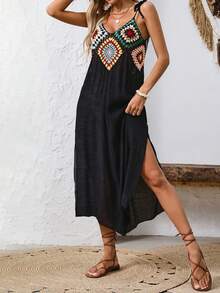 Breezaya Petite Women's Crochet Floral Pattern Ruched Slit Design Casual Vacation Date Party Camisole Mini Dress - Black - View 3