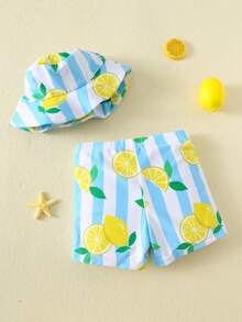 SHEIN 2 pezzi/set Costume da bagno e cappello da sole casual con stampa limone per ragazzo, adatto per vacanze al mare, nuoto, surf - Blu - Visualizzare 2