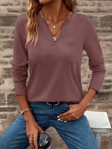 EMERY ROSE 女士纯色V领休闲百搭日常长袖T恤 - 粉色 - 查看 4