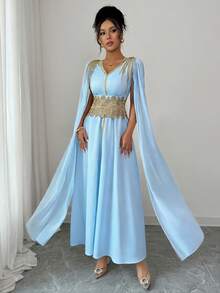 Elenzga Women's V-Neck Applique Shawl Collar Elegant Waist Cinched Long Party Dress - Baby Blue - View 7