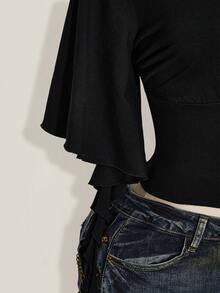 SHEIN ICON Women's Plus Size V-Neck Ruffle Sleeve Black T-Shirt - Black - View 8