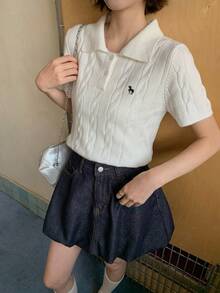 DAZY Women's Turndown Collar Korean Style Cartoon Embroidery Knit Sweater - White - View 7