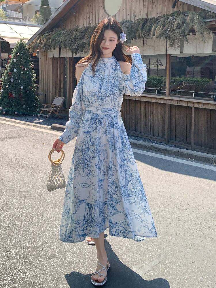Women's Full Print Cold Shoulder Long Sleeve Dress, Korean Style Sundress Boho