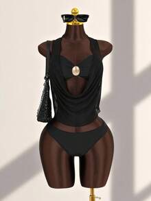 Zestiva 女士夏季度假沙滩休闲三件套：黑色抹胸露脐上衣、配套黑色泳裤和透视V领罩衫 - 黑色 - 查看 3