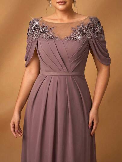 Serin Plus-Size Women's Elegant Chiffon Fabric, Round Neck, Sheer Long Sleeves, Gathered Details, Sequin Applique Embellishments And A Mini Mermaid Hem Dress Suitable For Mothers Attending Weddings, Events, Music Festivals, Parties, And Formal Occasions Bride's Mother's Dresses And Guest Dresses, Valentine's Day