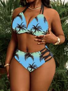 Slaydiva Plus Size Two-Tier Coconut Tree Print Tie-Front Sexy Summer Beach Bikini Set - Multicolor - View 4