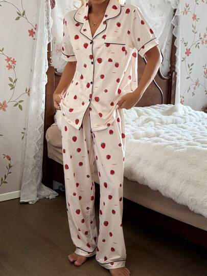 CottageSlumber Women's Cute Strawberry Print Button Decor Short Sleeve Pajama Set