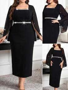 Reflora Đầm ôm dáng thanh lịch dành cho nữ cỡ lớn, cổ vuông, tay xẻ, đính ngọc trai giả, thích hợp cho tiệc tùng và hẹn hò. - màu đen - Xem 13