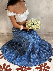 Sunnyshic 女士时尚佩斯利印花长款牛仔裙 - 藍色 - 查看 6