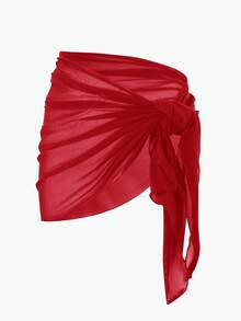Swim Basics 2026SS New Women's Swimwear Arrival For Holiday, Date, Western, Cruise, Beach, Island, Road Trip, All Seasons, Music Festival, Boho Vacation,Bohemian Vacation, Chill Autumn Boho Y2K Pleated Shorts, Elegant Vintage Casual Women's Solid Color Side Knot Cover-Up & Mini Skirt Set, Vacation Sarong Red Skirt Tie Skirt Swimsuit Skirt Bikini Skirt - Red - View 4