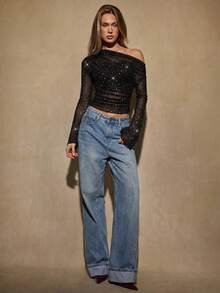 SHEIN BAE Blusa ajustada con adornos de strass, volantes asimétricos y malla transparente de moda sexy para mujer - Negro - Ver 4