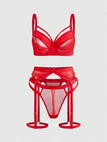 ROMWE Goth 女士哥特式钢圈文胸、丁字裤和吊袜带性感内衣套装 - 紅色 - 查看 1
