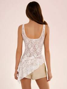 Avenya Lace Ruffle Hem Crisscross Front Cami Top - White - View 4
