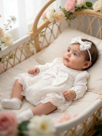 Newborn Photography Lace Romper With Headband Baby Girl White Bowknot Dress For Photo Shooting Infant 1 Month 100 Days Taking Picture Clothes