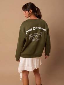 SURIMA Casual Minimalist Printed Pattern Crew Neck Long Sleeve Thick Loose Women Sweatshirt - Army Green - View 5