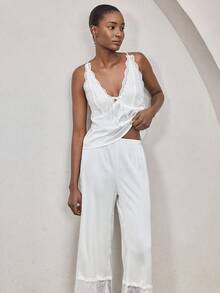 Ocili 两件套波西米亚风蕾丝边吊带背心和睡裤睡衣套装，舒适女士睡衣 - 白色 - 查看 6