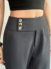 Modelyn Women's Solid Color Waist Button Design Pocket Straight Leg Casual Pants, Suitable For Work Gray Pants Office Pants Business Pants Business Casual Women Pants Elegant Pants For Women - Grey - View 6