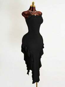 Mistrie Women's Elegant Floral Decor Asymmetrical Ruffle Hem Fitted Tube Dress, Summer - Black - View 6