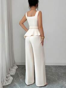 Elenzga Femmes Débardeur couleur unie à large bretelle, col carré décolleté en cœur, taille cintrée avec ceinture en canevas à boucle métallique réglable, ourlet asymétrique abricot + Pantalon droit taille haute élastique ample abricot, Ensemble 2 pièces, Élégant, Vintage, Romantique français, Minimaliste, Formel, Bureau, Décontracté, Plage, Vacances, Style de rue, Thé de l'après-midi, Confortable, Chic, Printemps/Été, Nouveau - Nude - Voir 2