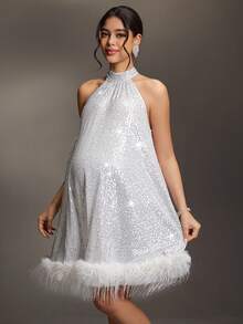 Cheriluna Maternity Maternity Photoshoot V-Neck Sleeveless Zipper Back A-Line Sequin Dress - Silver - View 3