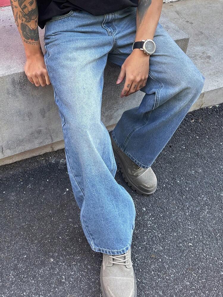 Men's Vintage Washed Blue Denim Jeans, Spring