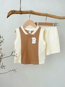 SHEIN 2pcs Baby Boy/Girl Letter Print Contrast Color Knit Soft Round Neck Raglan Sleeve Pullover Top And Elastic Waist Shorts Set,Kids - Multicolor - View 1