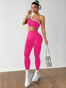 Dewbera Bộ đồ thể thao nữ áo ba lỗ tập yoga một vai liền mạch và nâng mông co giãn cao - Màu Hồng Tươi - Xem 4