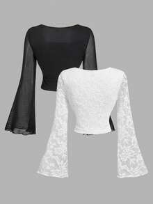 SHEIN MOD 2pcs/Set Women Square Neck Flare Sleeve Mesh Fashion T-Shirt, 2-Pieces Set, Black & White Top, Valentines, Spring/Summer , Festival, Country, Prom Top, Cute Top, Casuals, Elegant Women's Top - Black and White - View 2