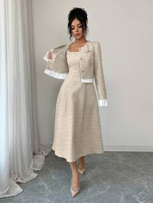 SHEIN Elenzya Blue & White Patchwork Sleeveless Jacket With Button Pockets, Elegant Casual Commuter Dress - Khaki - View 7