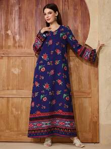 Al Najma Women's Round Neck Floral Print Casual Modest Party & Outing Arabic Style Dress - Multicolor - View 1