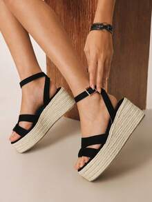 Styleloop 女士编织草绳交叉绑带高跟圆头凉鞋 - 黑色 - 查看 6