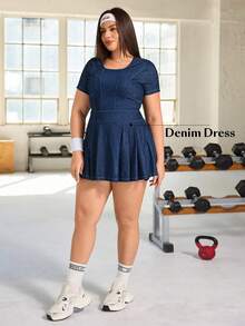 Flexra Plus Size Denim Knit Casual Elastic Dress - Dark Wash - View 6