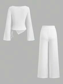 Sweetra Y2K Asymmetrical Hem Pleated Textured 2 Pieces Set, Versatile For Commuting & Wide-Leg - White - View 2