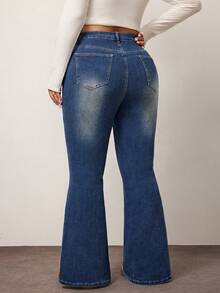 Enliva Plus Size Women Solid Color Slim Fit Flared Leg Denim Jeans, For Apple & Rounded Body Shape - Blue - View 2