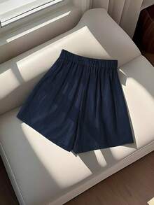 SHEIN Franclia Women's Casual Solid Color Shorts For Summer - Navy Blue - View 2