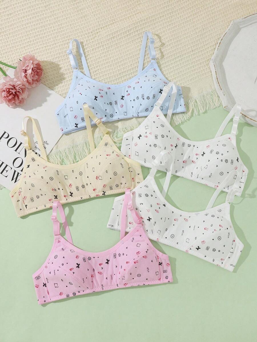 5pcs/Set Teen Girls Floral & Letter Print Adjustable Strap Comfortable Daily Bras