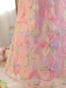 SHEIN 女童立領網紗碎花休閒寬鬆細肩帶洋裝 - 粉色 - 查看 6