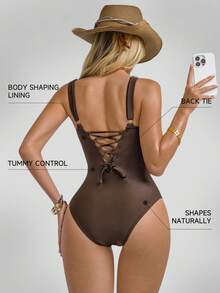 Shapewave 1pc Women's One-Piece Tummy Control Backless Swimsuit With Push-Up Bra And Tie-Up Design, Brown With Natural Buckle, Suitable For Beach & Resort - Brown - View 2