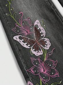 ROMWE Fairycore Women's Retro Y2K Sexy Butterfly Vine Embroidered Rhinestone Flare Jeans - Black - View 2