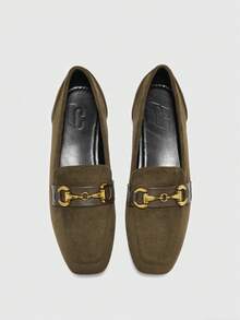 CUCCOO BIZCHIC Sheepskin Leather Vintage Casual Comfortable Slim Buckle Design Loafers For Women - Army Green - View 2