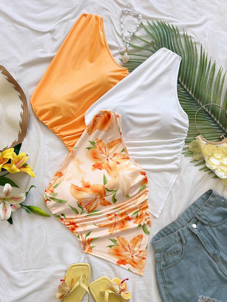 Soleia 3件套女士度假休闲日常不对称肩部不对称下摆上衣套装，夏季两件套，适合返校、下午茶、休闲、西部海滩婚礼宾客着装、毕业早午餐、圣帕特里克节、春假、复活节、音乐节等场合，优雅波西米亚热带风情，棕色、黑色、杏色 - 彩色 - 查看 1