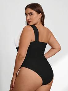 Firerie Plus Size Women's Colorblock Bow Decor Bodysuit, Fashionable & Versatile For Date & Outing - Black and White - View 2