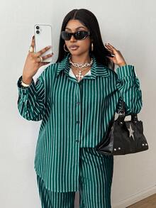 Maweii 2pcs Women Striped Casual Loose Blouse And Printed Pants Set, Commuting Style, Autumn/Winter - Dark Green - View 4