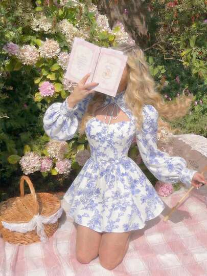 SHEIN MOD Women's Elegant Commuter Floral Print Hollow Out Stand Collar Mini Dress Blue And White Floral Dress Cottagecore Dress Picnic Dress Lolita Dress , Valentines Day Outfit , Summer Clothes , Spring Women , Carnival Costume