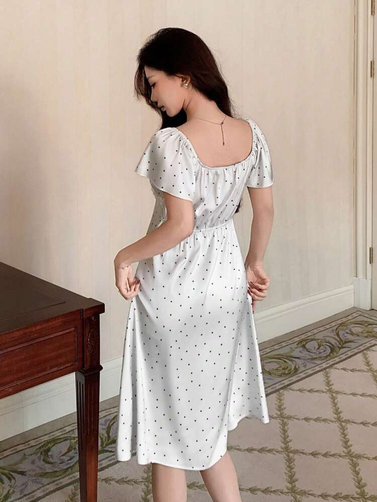 Satin Polka Dot Allover Print Lace Patchwork Ruffle Hem Women Nightgown