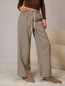 HautHeat Women's Drawstring Waist Plaid Button Design Straight Leg Lounge Pants - Khaki - View 3