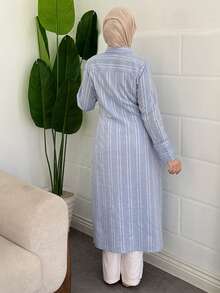 DAZY Cotton Spring Elegant Turndown Collar Striped Loose Mid-Length Dress For Women - Blue - View 2