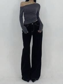 DAZY Women's Casual Contrast Stitch Wide Leg Jeans, - Black - View 3